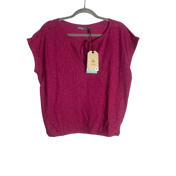 NWT prAna Cotton Ocupas Popover Keyhole Tie Cap Sleeves Top S Orchid Pink #2937 - Picture 2 of 13